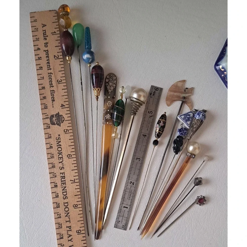 Lot Of 15 Antique Hatpins Jade Glass Lucite Porcelain Cloisonné